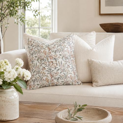 Floral Throw Pillow Cover 18x18 - Vintage Muted Rust & Mustard Botanical