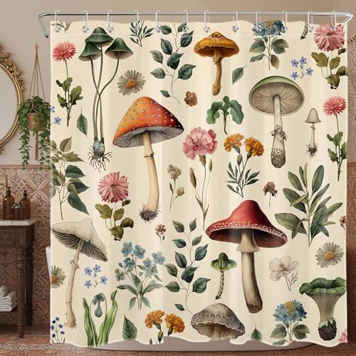 MASLEK Vintage Mushroom Floral Shower Curtain, 72x72 Inch Beige Botanical
