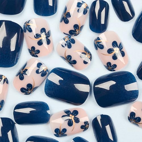 Toypoels Dark Blue Flower Press on Nails Short Square Acrylic False Nails