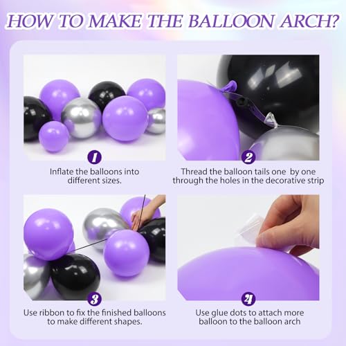 Purple and Black Balloon Arch Kit with Confetti - 125pcs for Parties