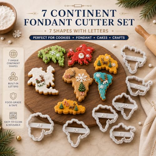 World Map Cookie Cutters Set - 7pcs Continent Shape Fondant and Biscuit Moulds