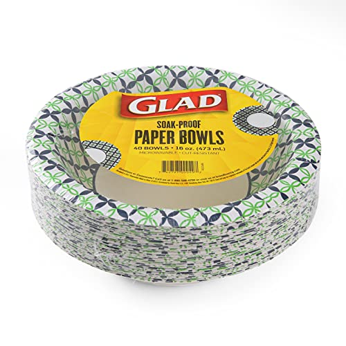 Glad 16oz Round Paper Bowls - Happy Daisies Design, 40 Count (Blue & Green)