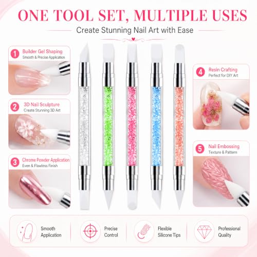 HHOOMY 5 Pcs Dual-Ended Silicone Nail Art Brushes with Crystal Handles