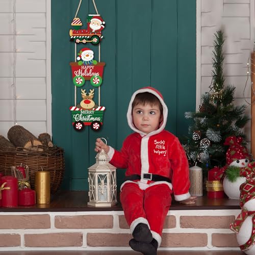 Christmas Train Door Decor Set - Santa Snowman Reindeer Wreath Holiday Welcome Sign - 3 Pieces