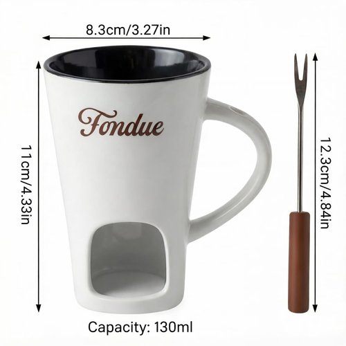 White Chocolate Fondue Mug with Tealight & Fork – Ceramic Single-Serve Fondue Cup for Chocolate & Cheese Dipping