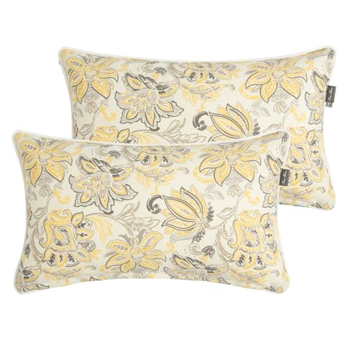 FUNHOME Outdoor Water Resistant Lumbar Pillow Covers 12x20, Set of 2 - Yellow Floral