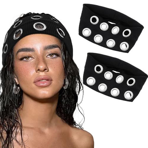 Black Wide Grommet Headband 2PCS - Y2K Punk Grunge Hair Accessories