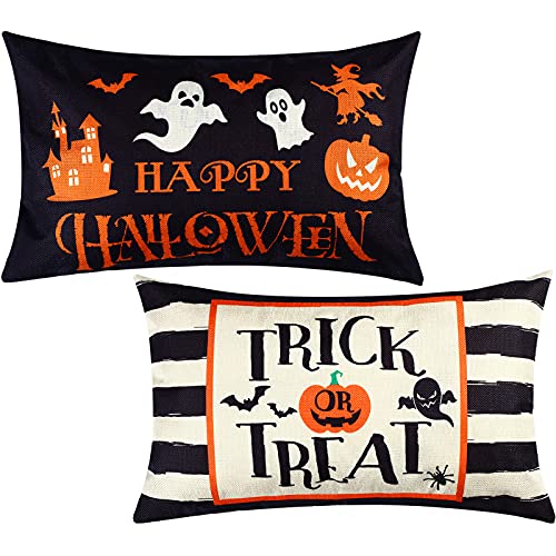 Halloween Throw Pillow Covers 12x20 - Set of 2 Ghost & Pumpkin Linen Cases