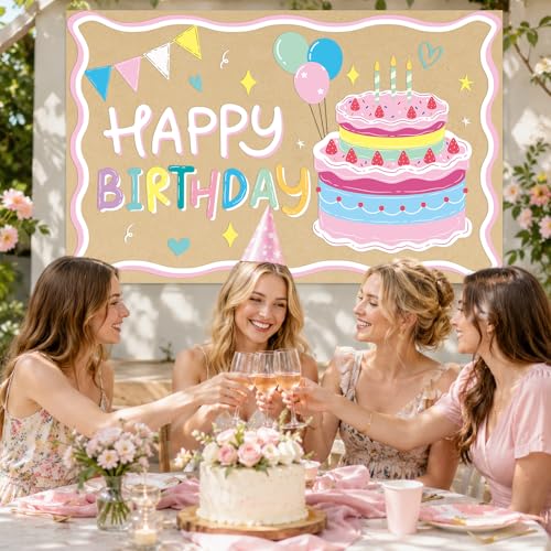 Happy Birthday Kraft Paper Banner - Colorful Cake Backdrop 39x25"