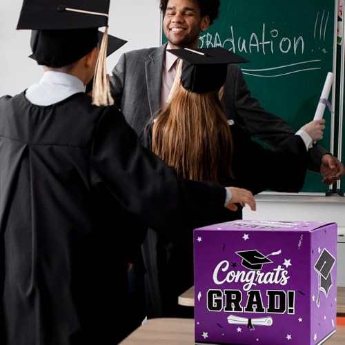 Graduation Card Box 2026 - Elegant Gift Holder, Purple, 9x9x9 in