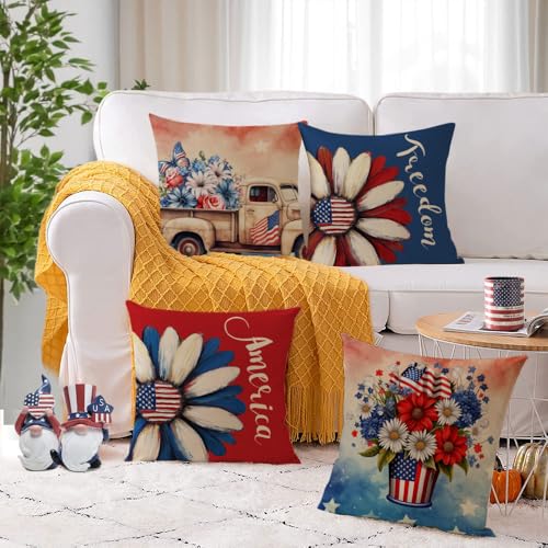 YeeJu 4-Pack 4th of July Patriotic Throw Pillow Covers 18x18
