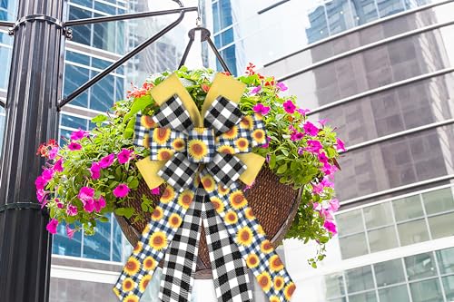 Sunflower Wreath Bow - Large Black White Buffalo Plaid Decor