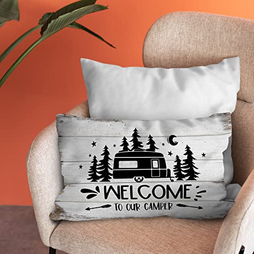 Rustic Welcome to Our Camper Throw Pillow Cover, 12x20 Inch Farmhouse Decor