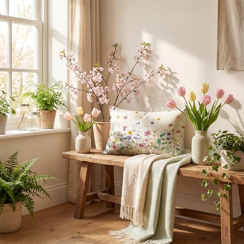 Colorful Floral Throw Pillow Cover, 12x20 Inch Polyester Cushion