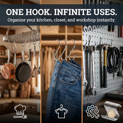 Performore 3-Inch Stainless Steel S-Hooks - Heavy-Duty Storage Hangers (20 Pack)
