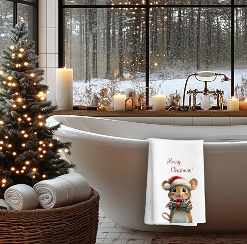Christmas Mouse Kitchen Towel White - Soft Absorbent Holiday Hand Towel 16x24 Inches