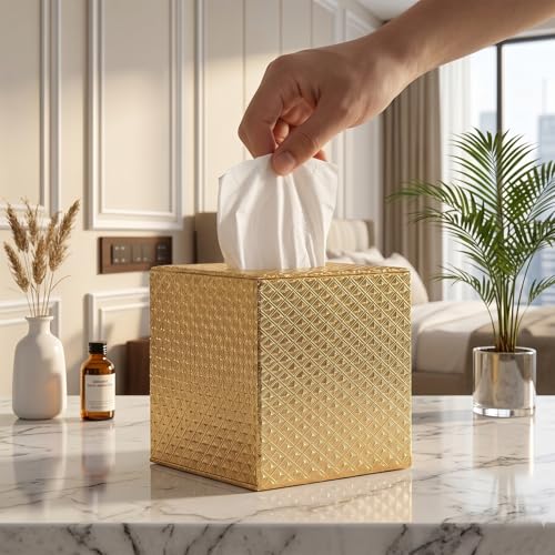 SUNYUROU Square Gold Tissue Box Cover, PU Leather Magnetic Tissue Holder