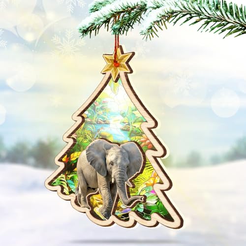 Elephant Christmas Ornament - Acrylic Wood Suncatcher Tree Decoration
