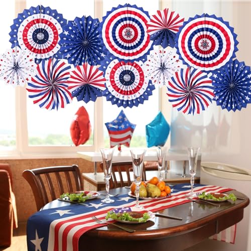 12-Piece 4th of July Patriotic Hanging Paper Fans Set