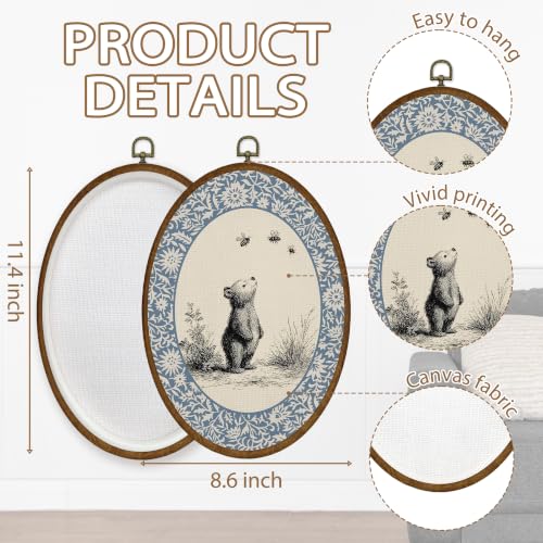 Vintage Bear Oval Framed Canvas Wall Art for Kids Room