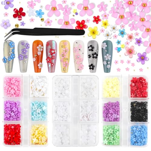 FOIMAS 3D Flower Nail Charms & Rhinestones Set with Tweezer