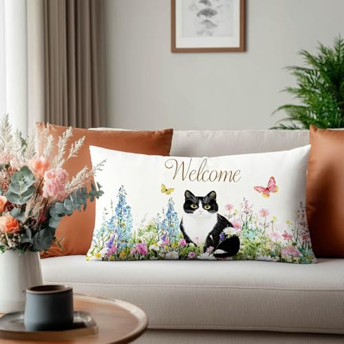 HOMETITUTE Cat Floral Satin Pillow Covers - 12x20 Inch Pack of 2