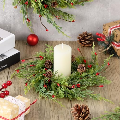 Cedar Artificial Christmas Candle Rings Set of 12 - 9 Inch Wreaths with Berries Pinecones