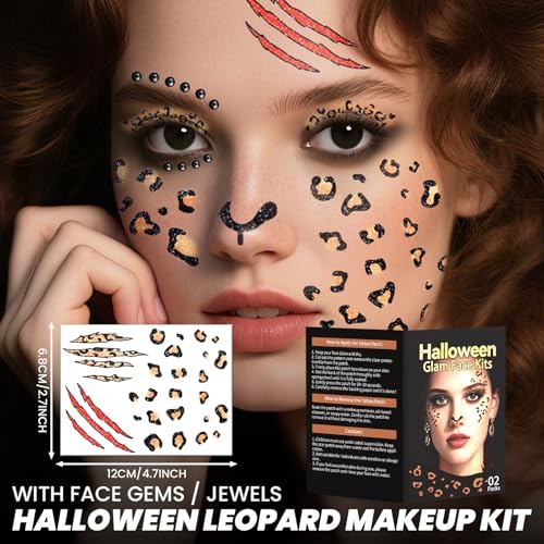 Cerlaza Halloween Leopard Face Paint Temporary Tattoos and Black Gems Kit