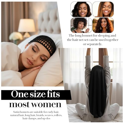 Long Hair Bonnet and Mesh Wrap Cap Set for Sleeping and Braids