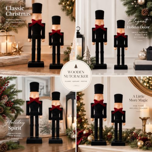 Christmas Wooden Nutcracker Figures Decor Set - 15 Inch & 10 Inch Flocked Soldiers