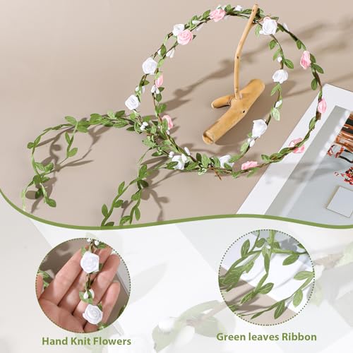 Andibro Rose Leaf Floral Headband 2pcs - Pink & White Bridal Crown
