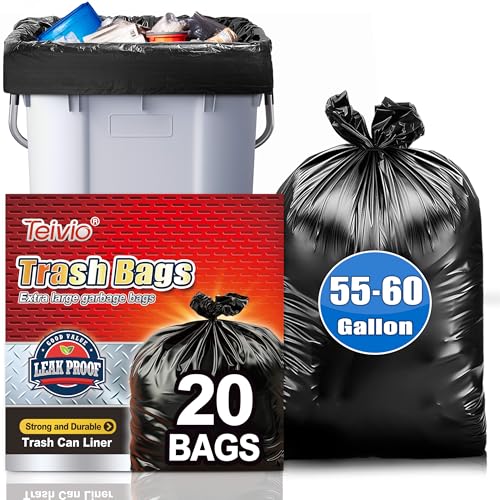 Teivio Large Black Trash Bags - 55-60 Gallon, 20 Count