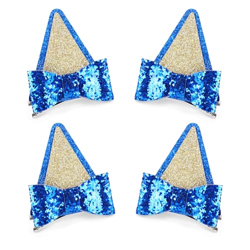 Blue Glitter Dog Ear Hair Clips with Bows 2 Pairs