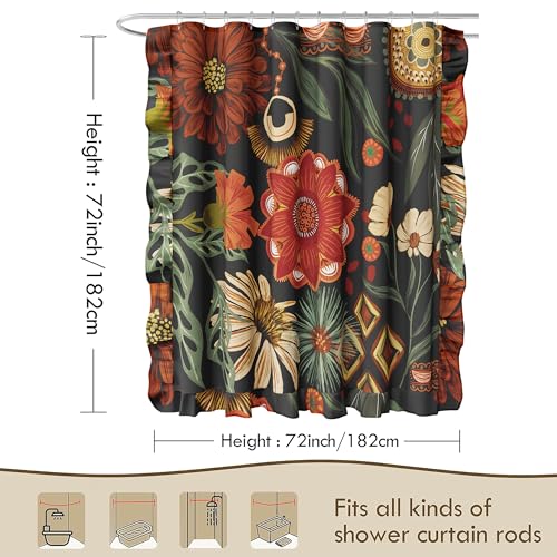 Crimson Shadow Boho Floral Shower Curtain Set - 72x72 Waterproof with Hooks