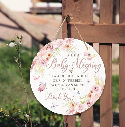 Baby Sleeping Hanging Door Sign 10 Inch Floral Wooden Round Hanger