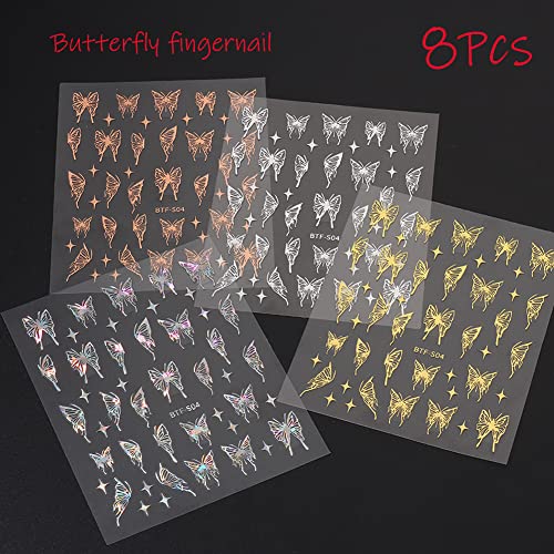 3D Butterfly Nail Art Stickers - 8 Sheets Gold & Holographic Decals