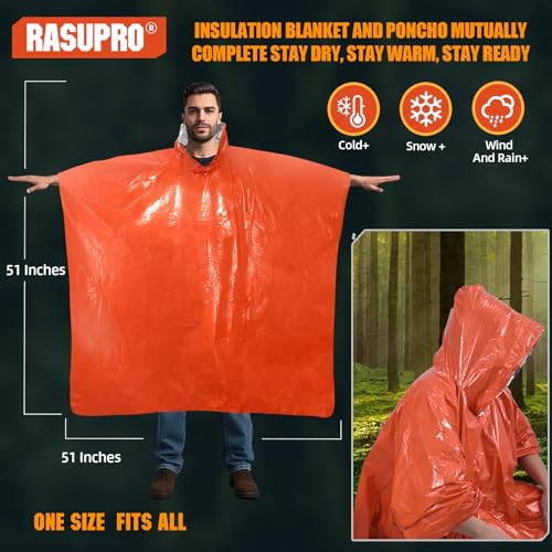 4 Pack Emergency Ponchos with Thickened Mylar Blanket Lining, Windproof, Waterproof, and Thermal Orange Survival Ponchos - Perfect for Outdoor Rescue, Family Camping Gear, Car Emergency Kits