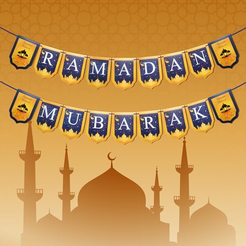 Ramadan Mubarak Banner - Gold & Blue Islamic Decoration