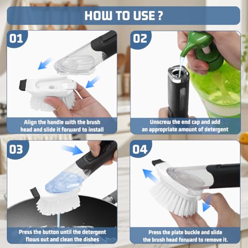 AMFUN Soap Dispensing Dish Brush with Scrubber for Kitchen Cleaning