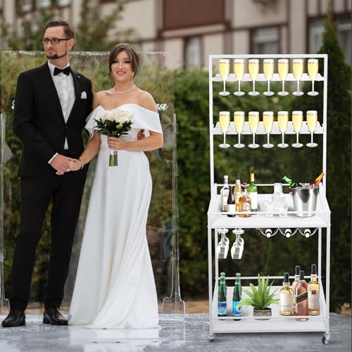 Champagne Wall Holder with 28 Glasses & Storage Cart for Parties