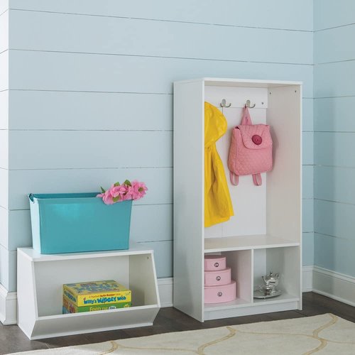 ClosetMaid KidSpace Wood Storage Locker, 2 Cubby Cube Compartments, Open Storage, 3 Hooks, for Coats, Backpacks, Jackets, White Finish