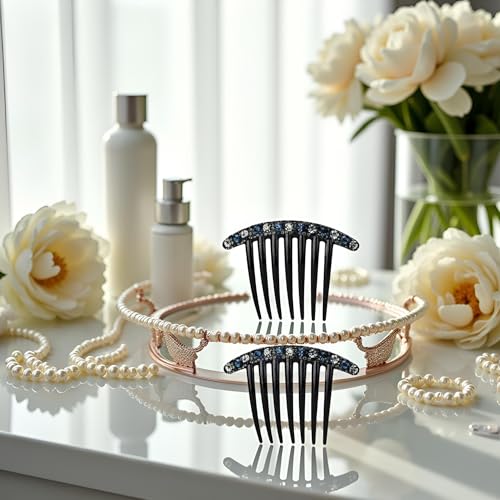 Blue Rhinestone Hair Combs 2-Piece Set Korean Style Seven-Tooth Hair Accessories