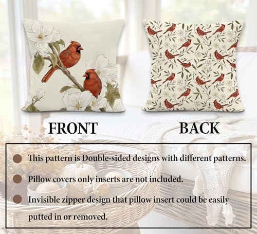 Vintage Cardinal Bird Floral Throw Pillow Cover 18x18 - Bird-2