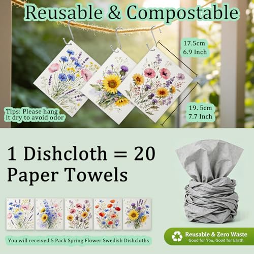 Multicolor Wildflower Swedish Dishcloths - 5 Pack with 3 Hooks