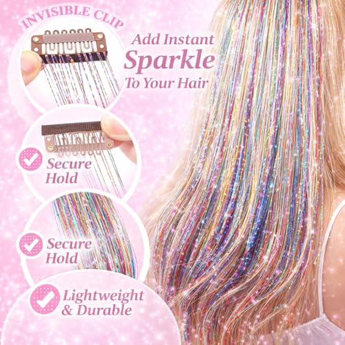 EROADE Clip-In Hair Tinsel 22-Inch 12 Pcs Rainbow Fairy Glitter Extensions