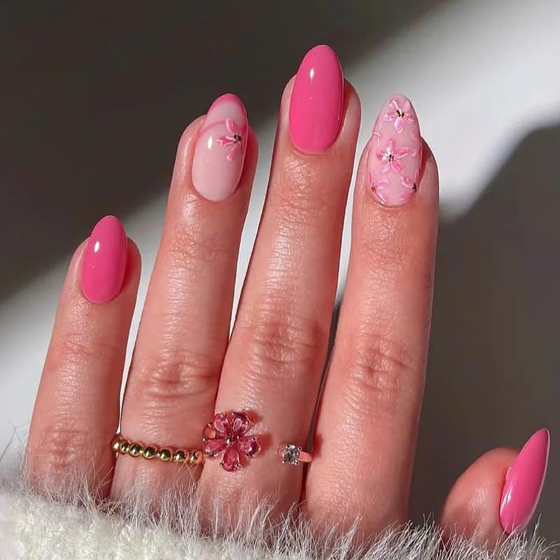 Press On Nails Medium Almond Hot Pink Floral Glossy Fake Acrylic Nails Kit
