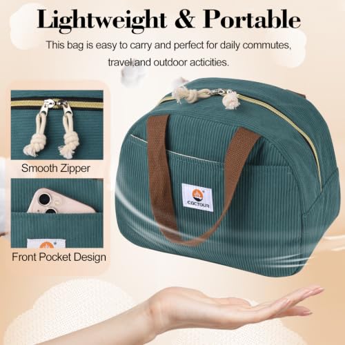 CaCTOUR C-Lake Green Insulated Lunch Bag for Women Girls Teens, Corduroy Cooler Tote, Small Portable Reusable Lunchbox