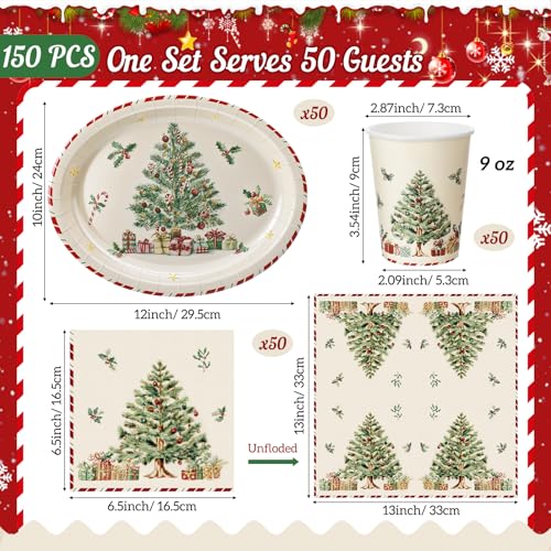 Christmas Paper Plates Cups Napkins Set - 150 Pcs Oval Holiday Tableware