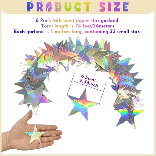 Iridescent Star Garland - 6pcs 78 Feet Hanging Decorations for Parties