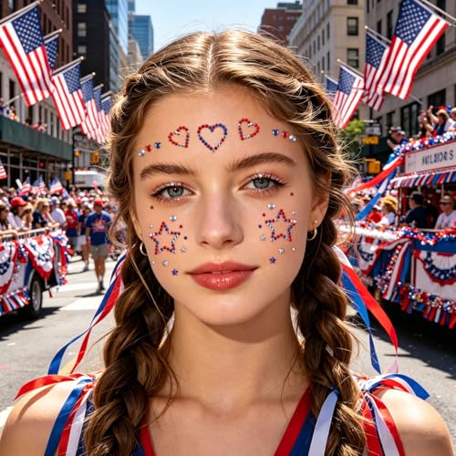 Doneace 4th of July Star Face Gems - Patriotic Self-Adhesive Rhinestones for Face, Body, and Hair (4-Pack)